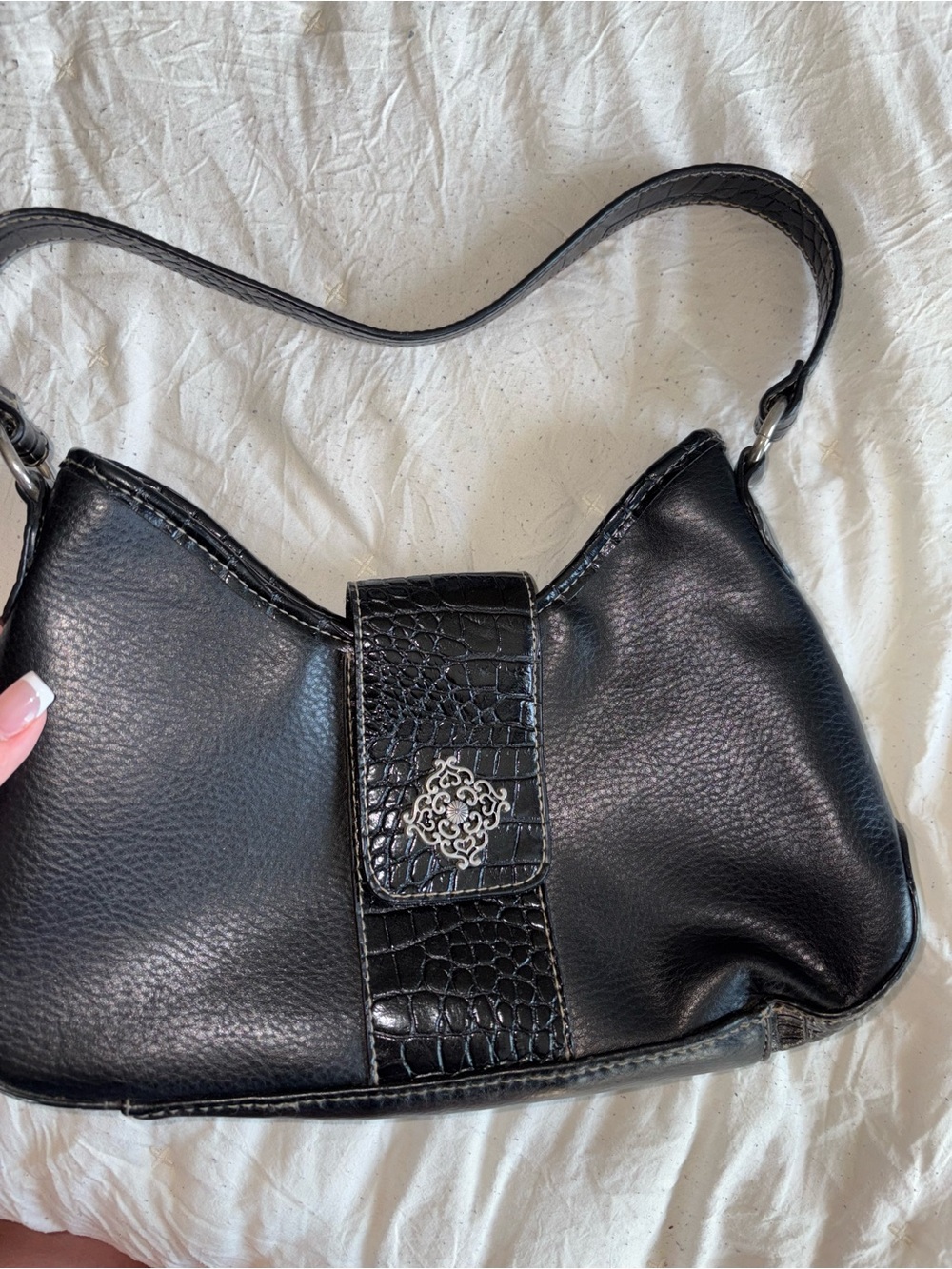 Classic Black Leather Shoulder Bag with Croc Accent